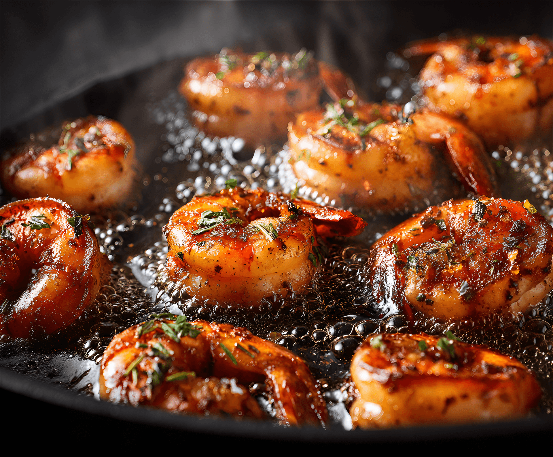 AI generated: several pieces of cooked shrimp in a dark-colored skillet,  golden-brown and crispy,  with visible h...