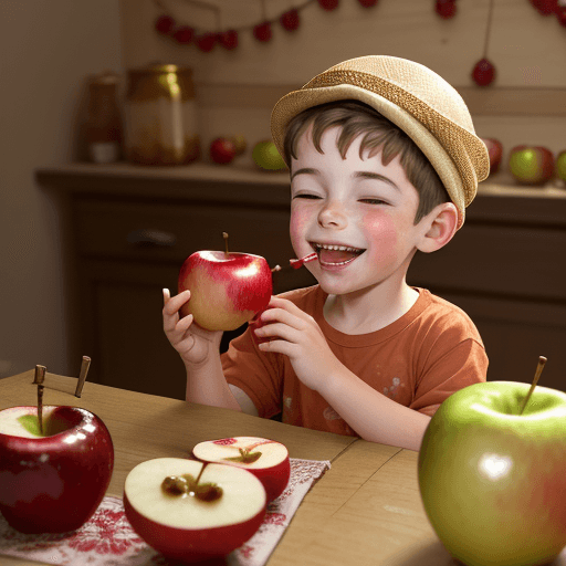 AI generated: A heartwarming, high-quality image of a 5-year-old boy, joyfully eating a honey-dipped apple. He is ...