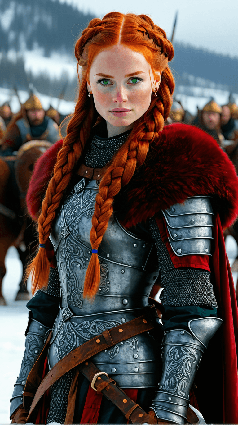 AI generated: Beautiful red-haired Viking warrior woman, wearing detailed Norse armor, long braided hair, intense ...