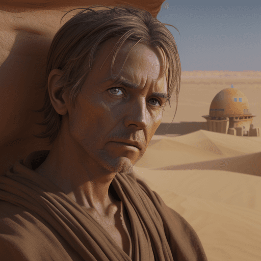 AI generated: Close up photography of a Jedi hiding in Tatooine, looking over his shoulder, beware of risks, --ar ...