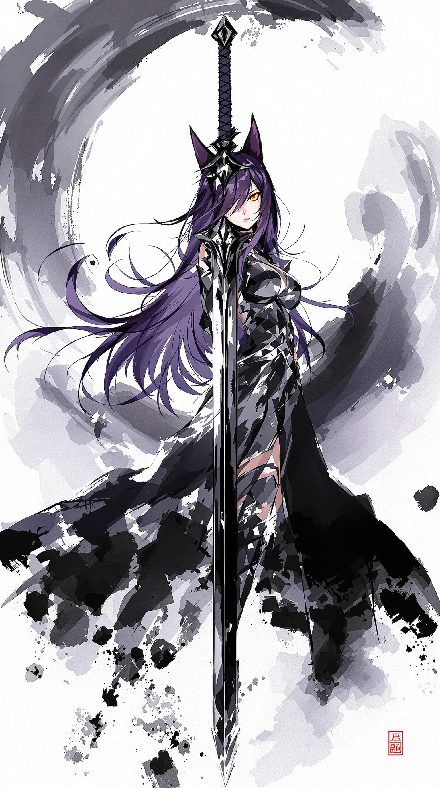 AI generated: 1 woman, weapon longsword, long hair, dark purple hair,cat ears, white background, solo, looking at ...
