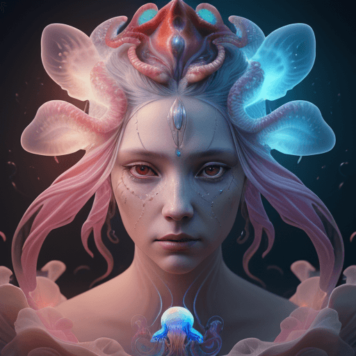 AI generated: Goddess close-up portrait ribcagel. jellyfish phoenix head, nautilus, orchid, skull, betta fish, bio...