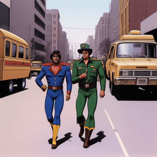 AI generated: Two men walking along a street in a 1970's city being followed by a truck full of soldiers, 1970's c...