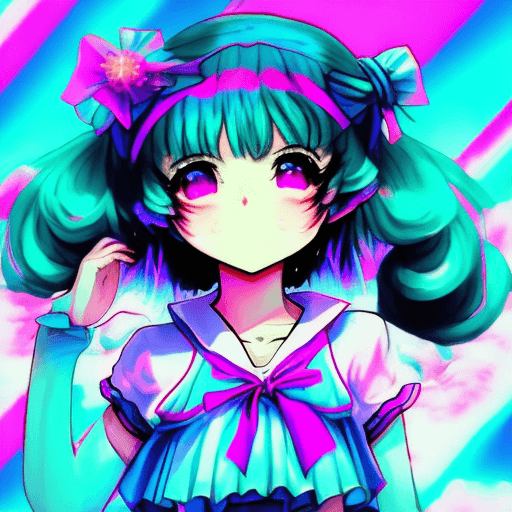 AI generated: Cirno Touhou esta con el fondo de retrowave con colores vaporwave y neon brillando reflejando