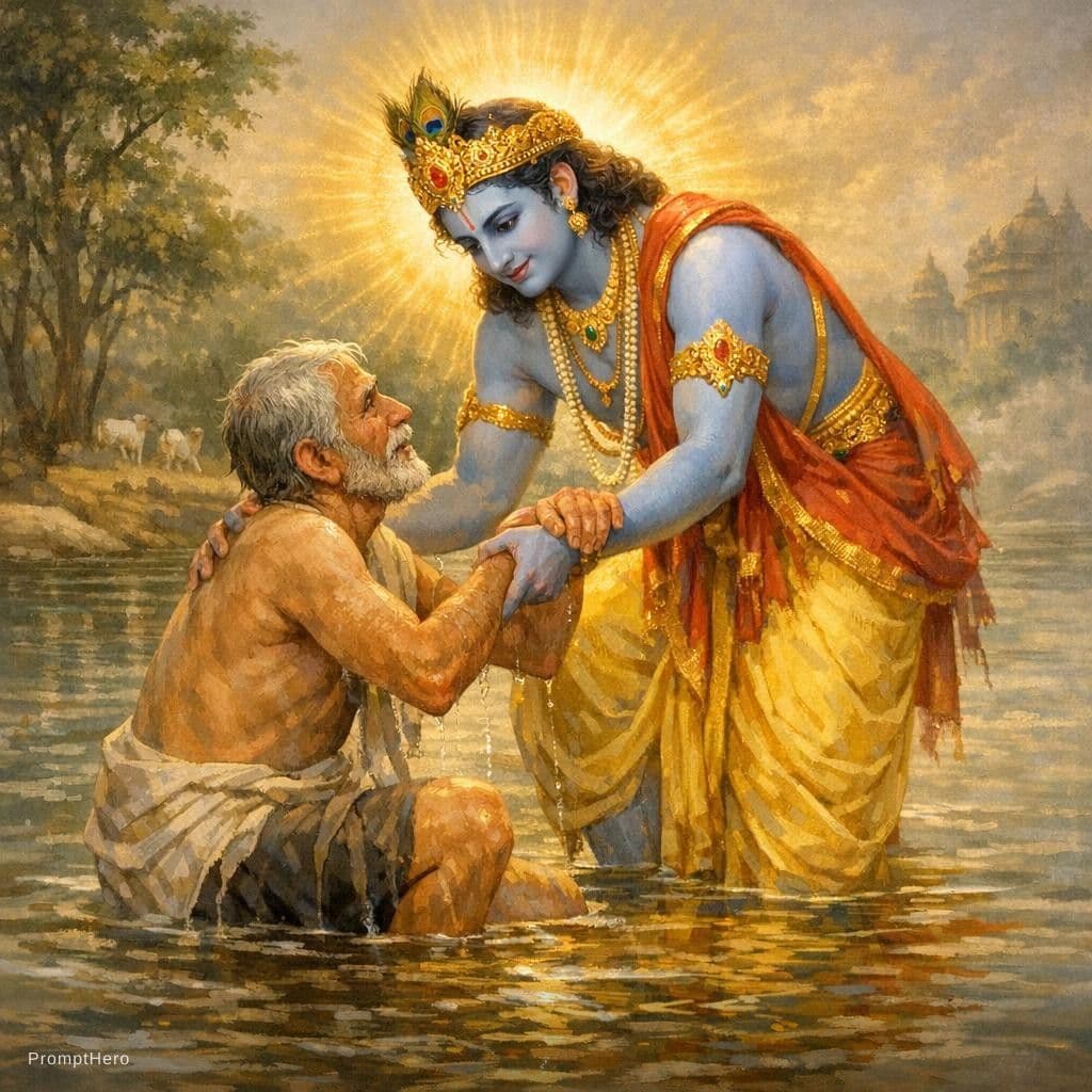 AI generated: Krishna helping man stand in shallow water, compassionate expression, divine glow
