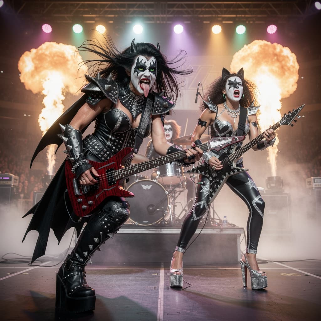 AI generated: A highly detailed, super photorealistic 8K image of an all-female rock band recreating the iconic KI...