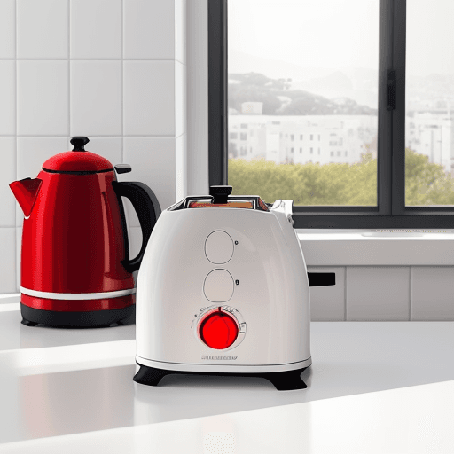 AI generated: A white ceramic four-slice toaster, IDEA design award winner, Red Dot design award winner, in a slee...