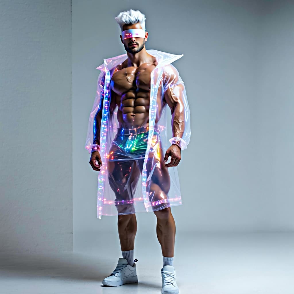 AI generated: an attractive muscle man with the power to nullify all other powers wearing a transparente coat with...