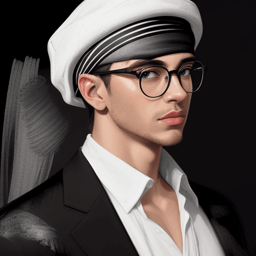 AI generated: He creates an artistic, painterly representation of a man in a white cap and glasses, using vibrant ...