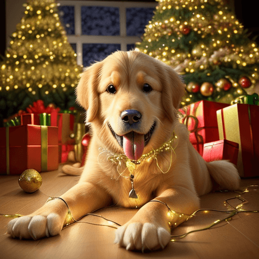 AI generated: Naughty Golden retriever, tangled up in large Christmas lights, Christmas tree in background, sharp ...