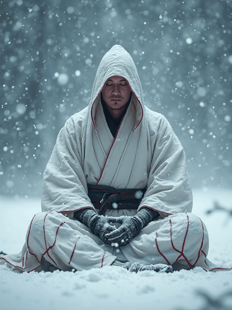 AI generated: A hyper-realistic, cinematic image of a lone ninja sitting in deep meditation amidst a violent blizz...