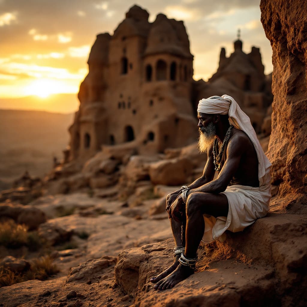 AI generated: Before the camera, an Ethiopian elder Orthodox monk, wearing a white headwrap and robe, with a beard...