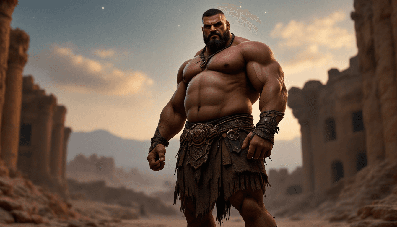 AI generated: muscular male warrior wearing only a skimp loincloth. he has a huge bulge. He is wearing sandals. St...