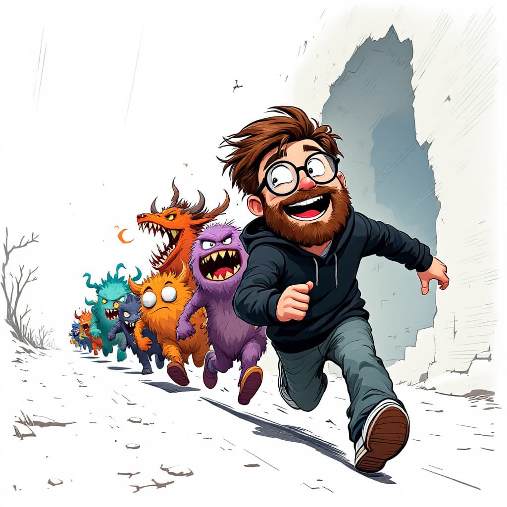 AI generated: "A cartoon-style boy running and looking back, with a humorous expression, laughing with a face of s...