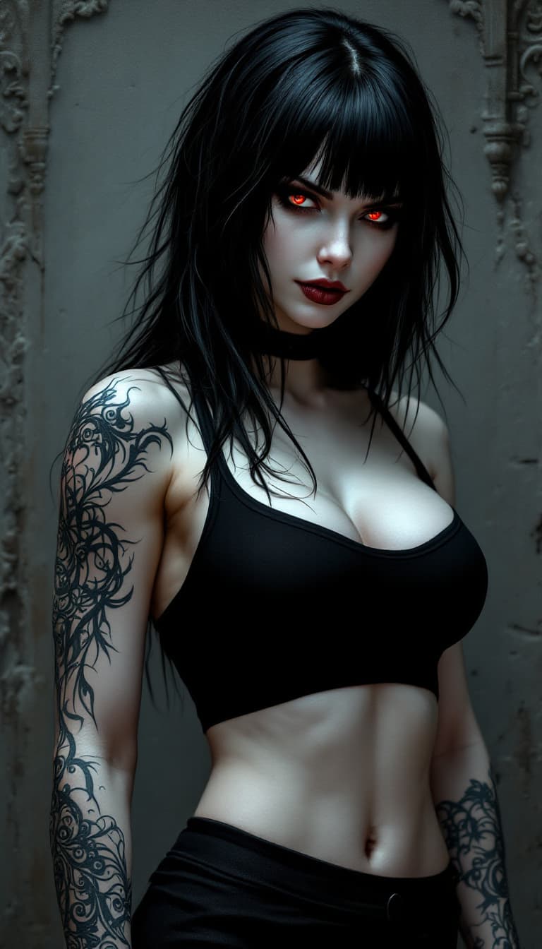 AI generated: A hyper-realistic portrait of a female goth character with pale porcelain skin and raven-black hair,...