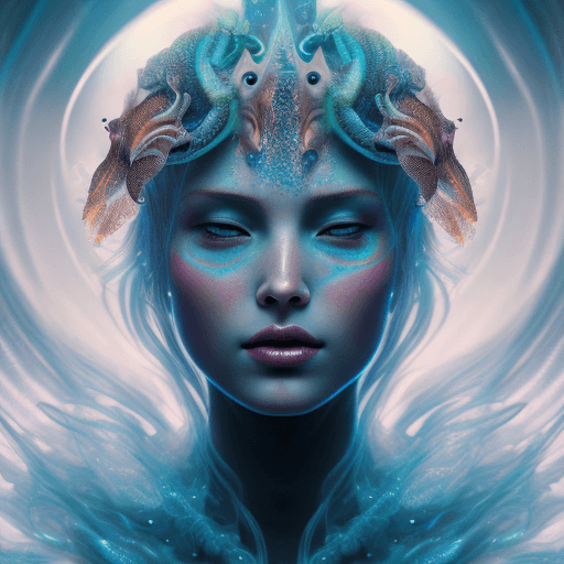 AI generated: Goddess close-up portrait ribcagel. jellyfish phoenix head, nautilus, orchid, skull, betta fish, bio...