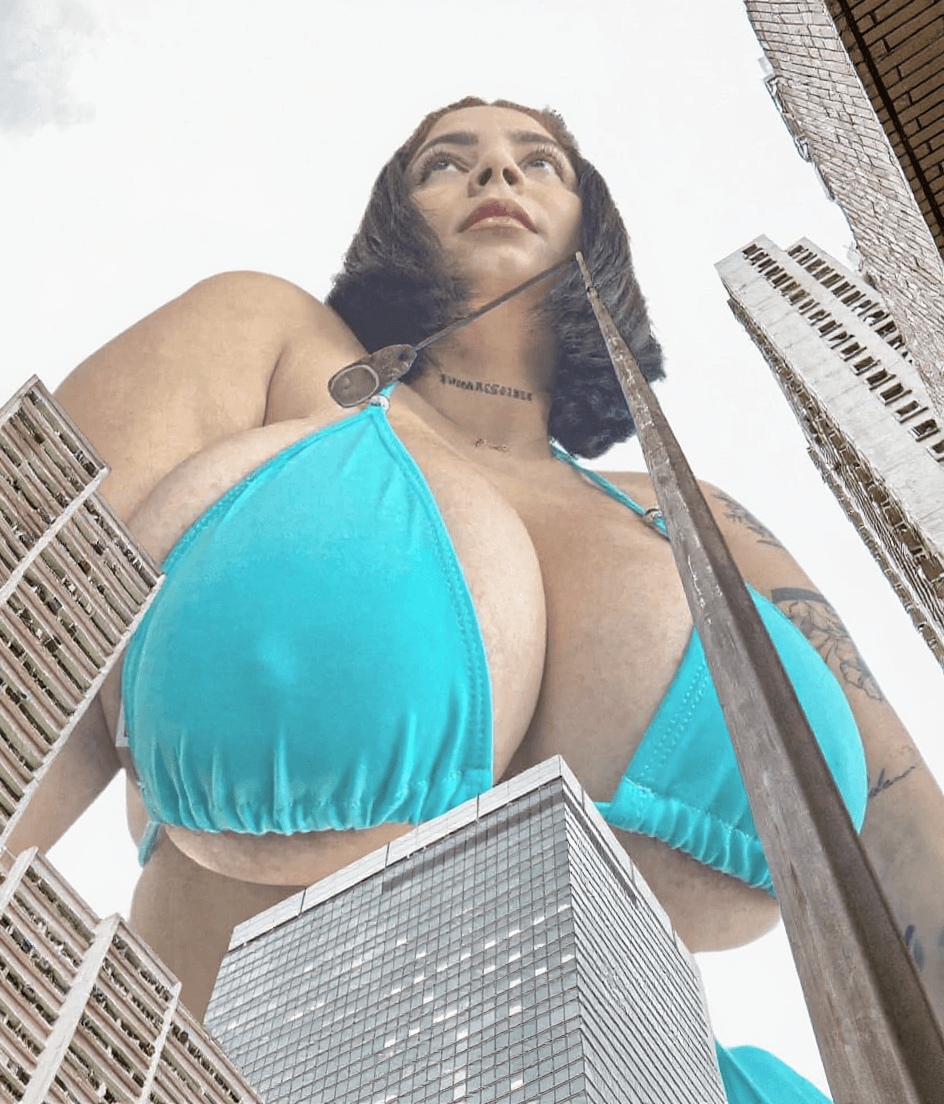 AI generated: Giantess, Billie Eilish, low angle