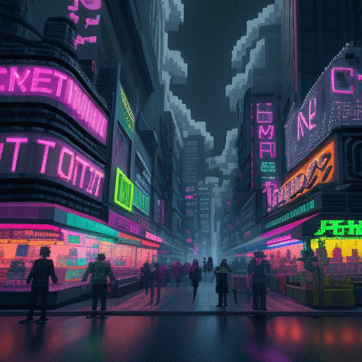 AI generated: neo noir cityscape minecraft style, colorful buildings,  street view with people , vendors and shops...