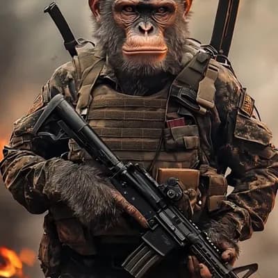 AI generated video: A muscular realistic monkey in a lieutenant’s uniform, holding dual rifles, tactical belt and gear, ...