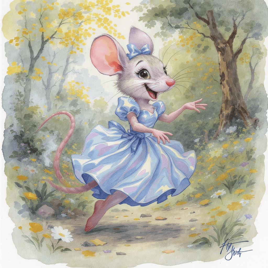 AI generated: a caricature mouse, in a iridescent dress, playing in the woodland, watercolour, detailed, 