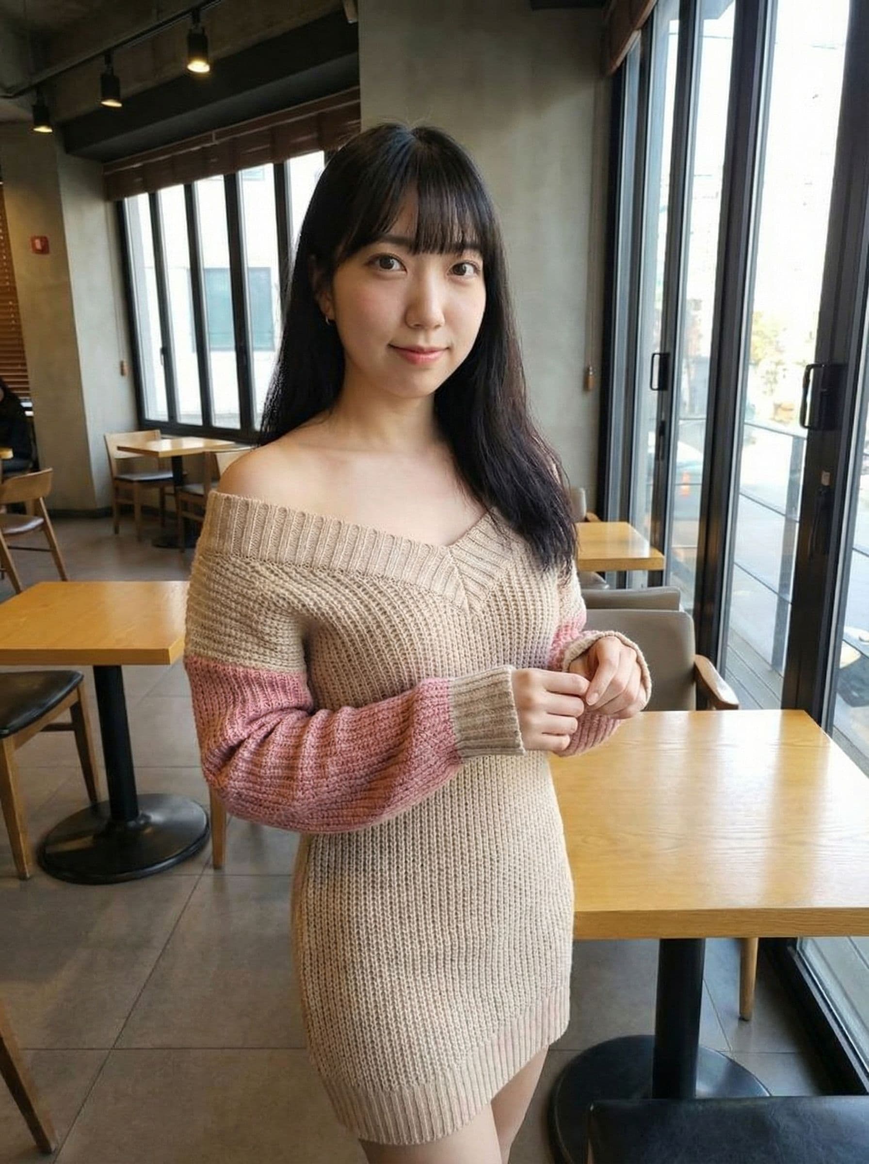 AI generated: Sole girl, front facing, knee shot, whole body, keep face, Slender girl, long hair, Beige and pink p...