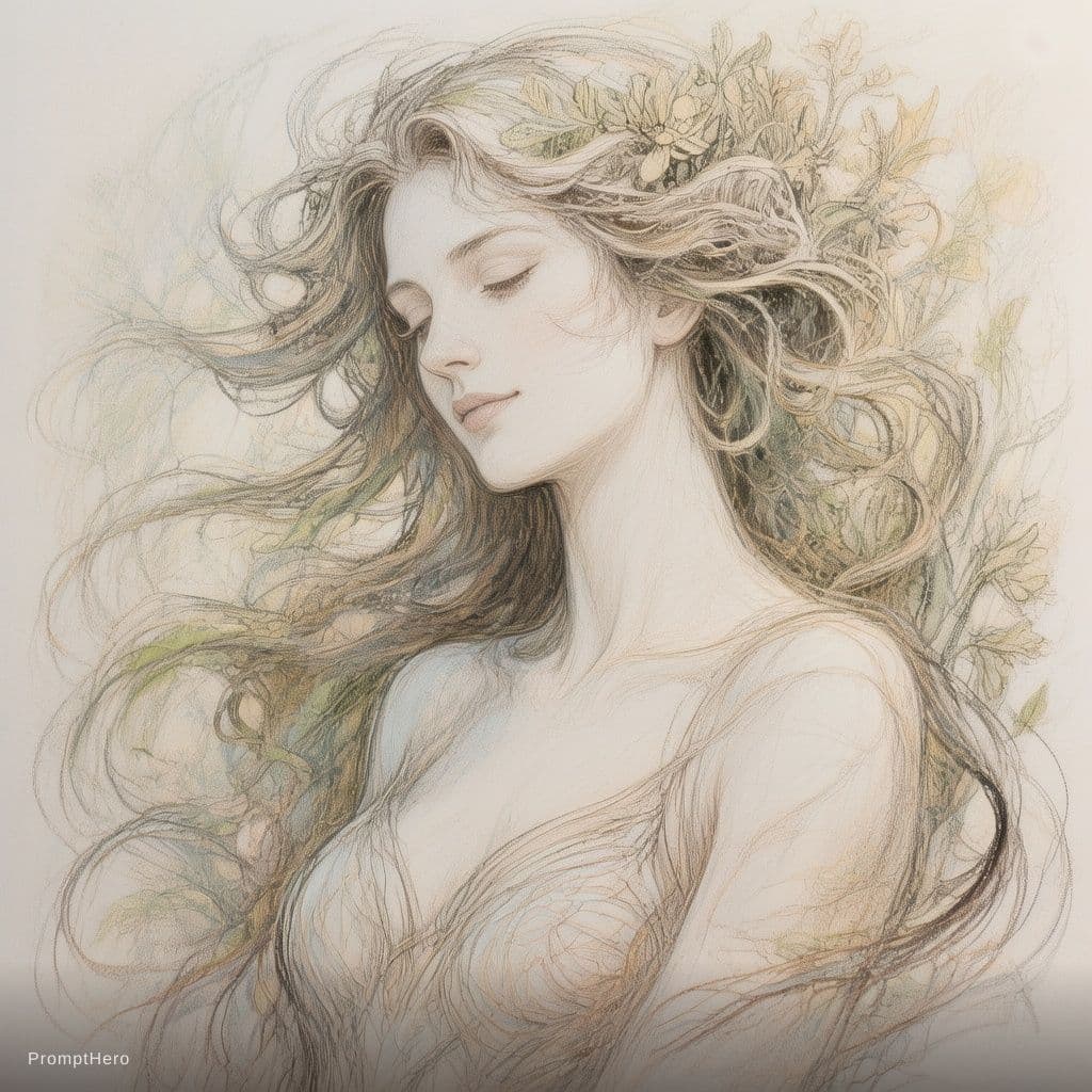 AI generated: Create a beautiful, intricate drawing of a woman in a nature-inspired, art nouveau style. The figure...