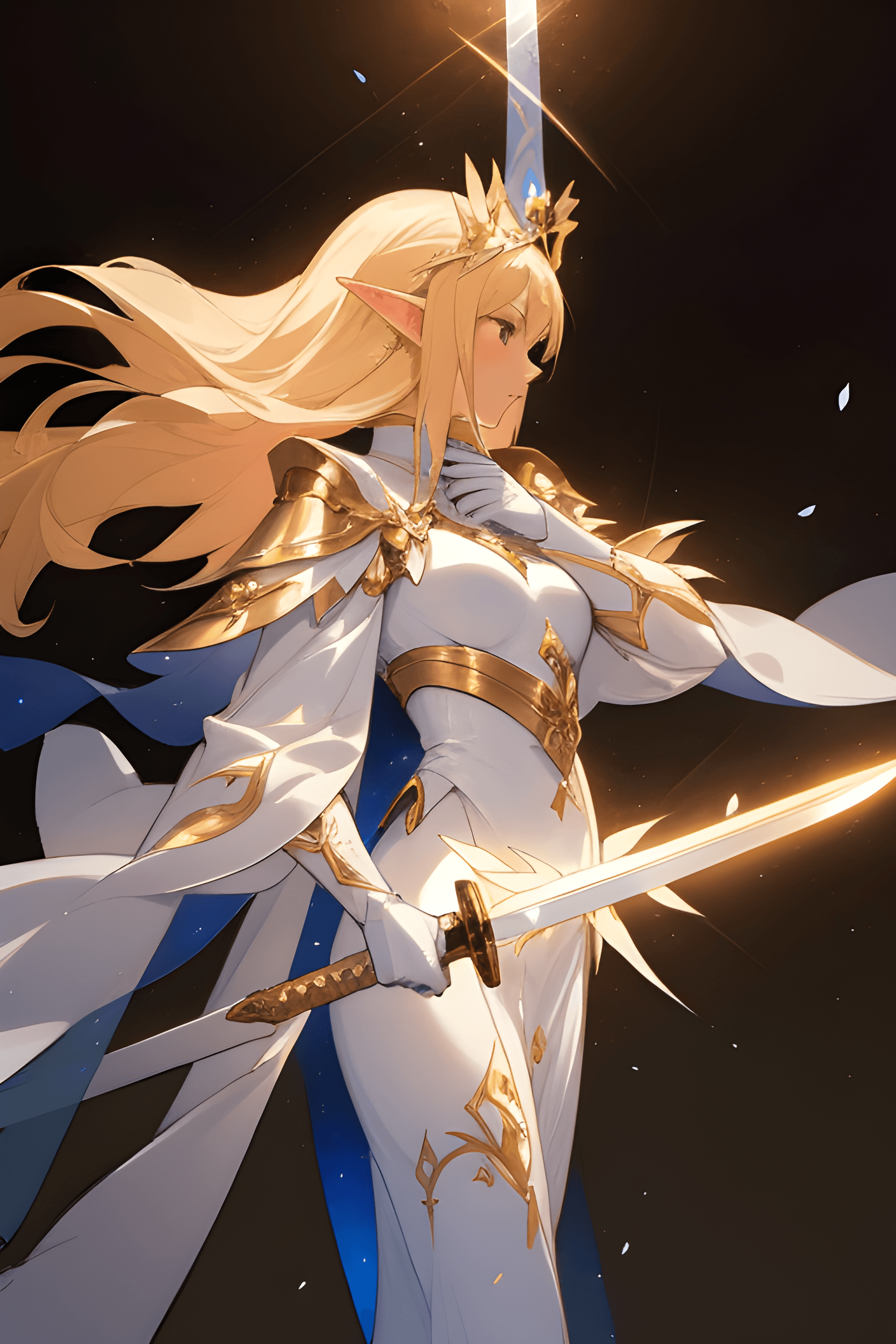 AI generated: a woman dressed in white holding a sword, blonde elvish empress, character profile art, aura of powe...