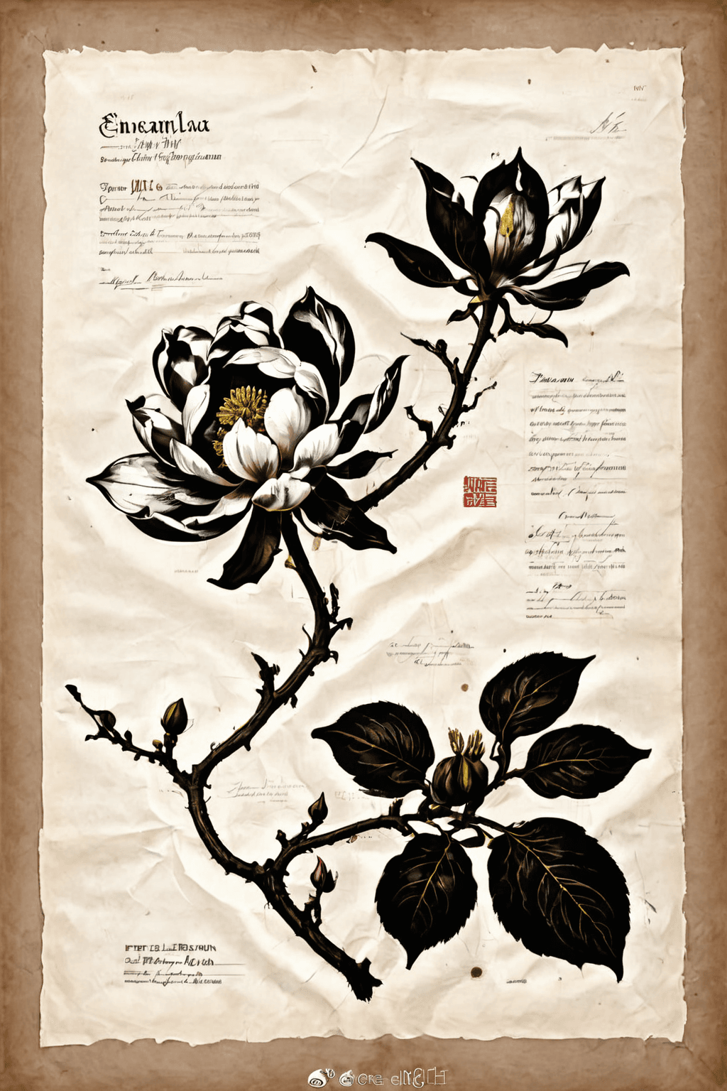 AI generated: masterpiece,best quality,ink wash painting, on parchment, a magnolia flower, simple botany, Flat ill...
