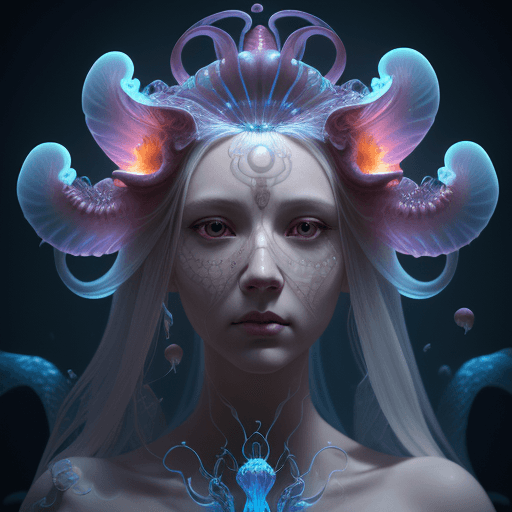 AI generated: Goddess close-up portrait ribcagel. jellyfish phoenix head, nautilus, orchid, skull, betta fish, bio...