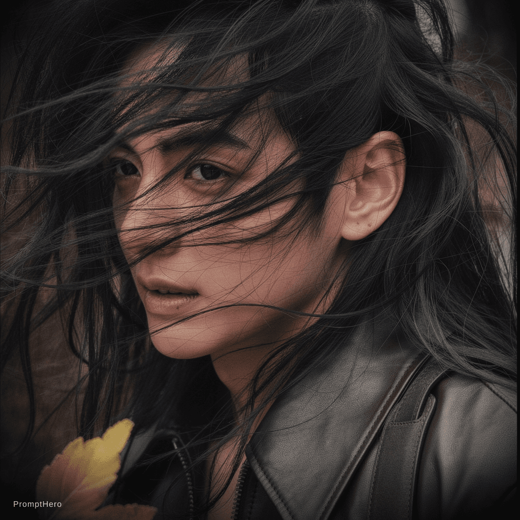 AI generated: a man with long wild hair on a windy day, in the style of toy camera effects, haunting elegance, fro...