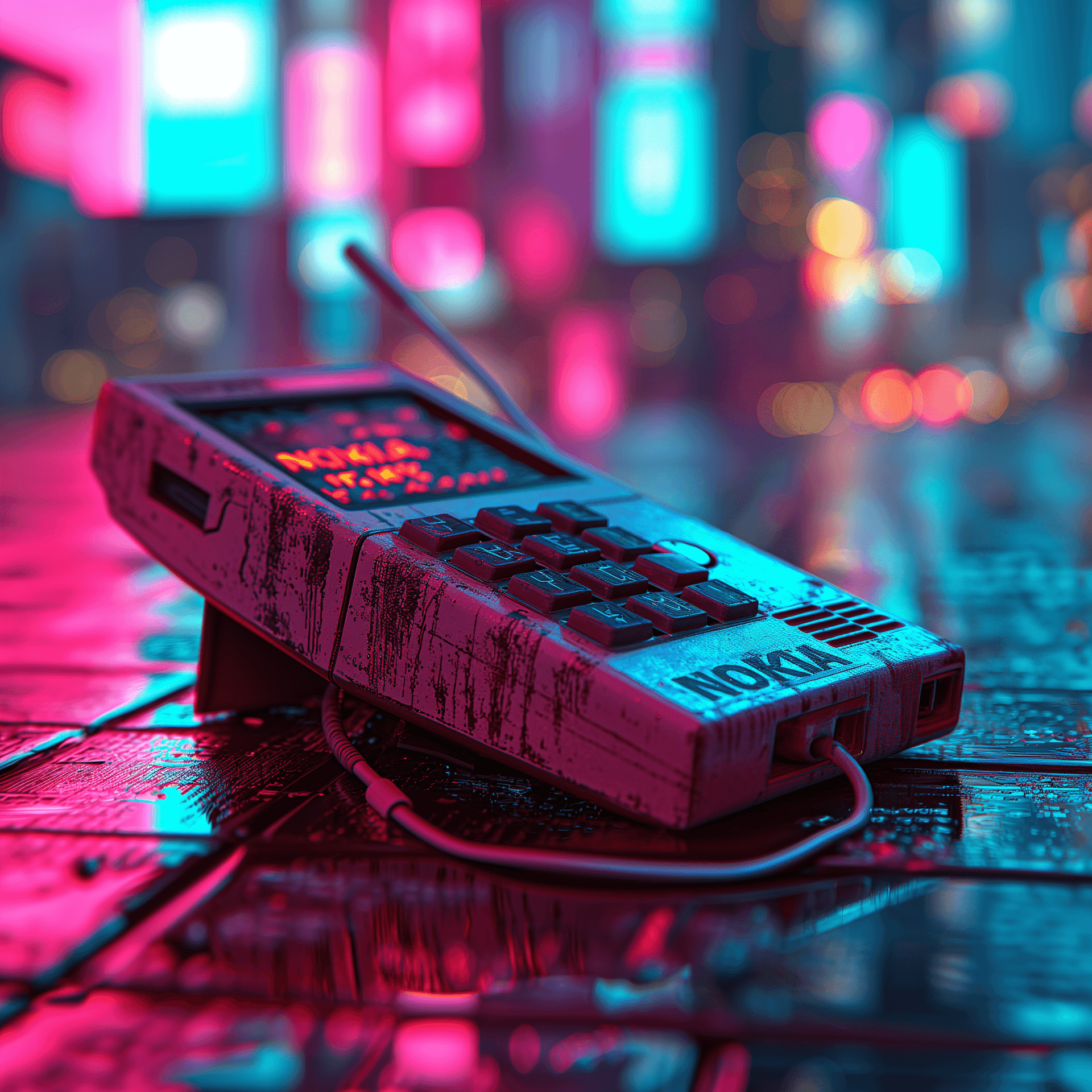 AI generated: Create a vaporwave-themed cell phone with 90's elements: Vibrant neon colors, digital grid landscape...