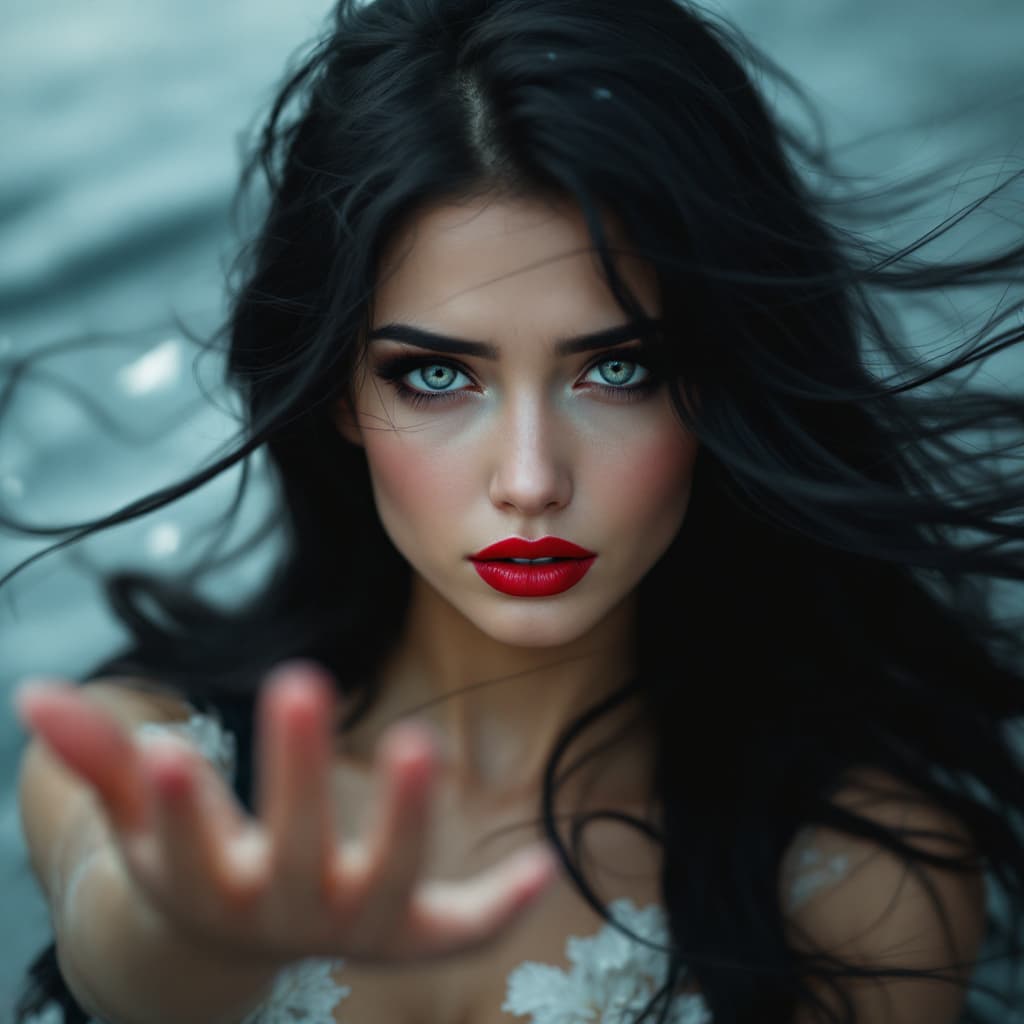 AI generated: a gorgeous woman with piercing gray siren-like eyes, cherry red lips, and smooth skin, her silky bla...