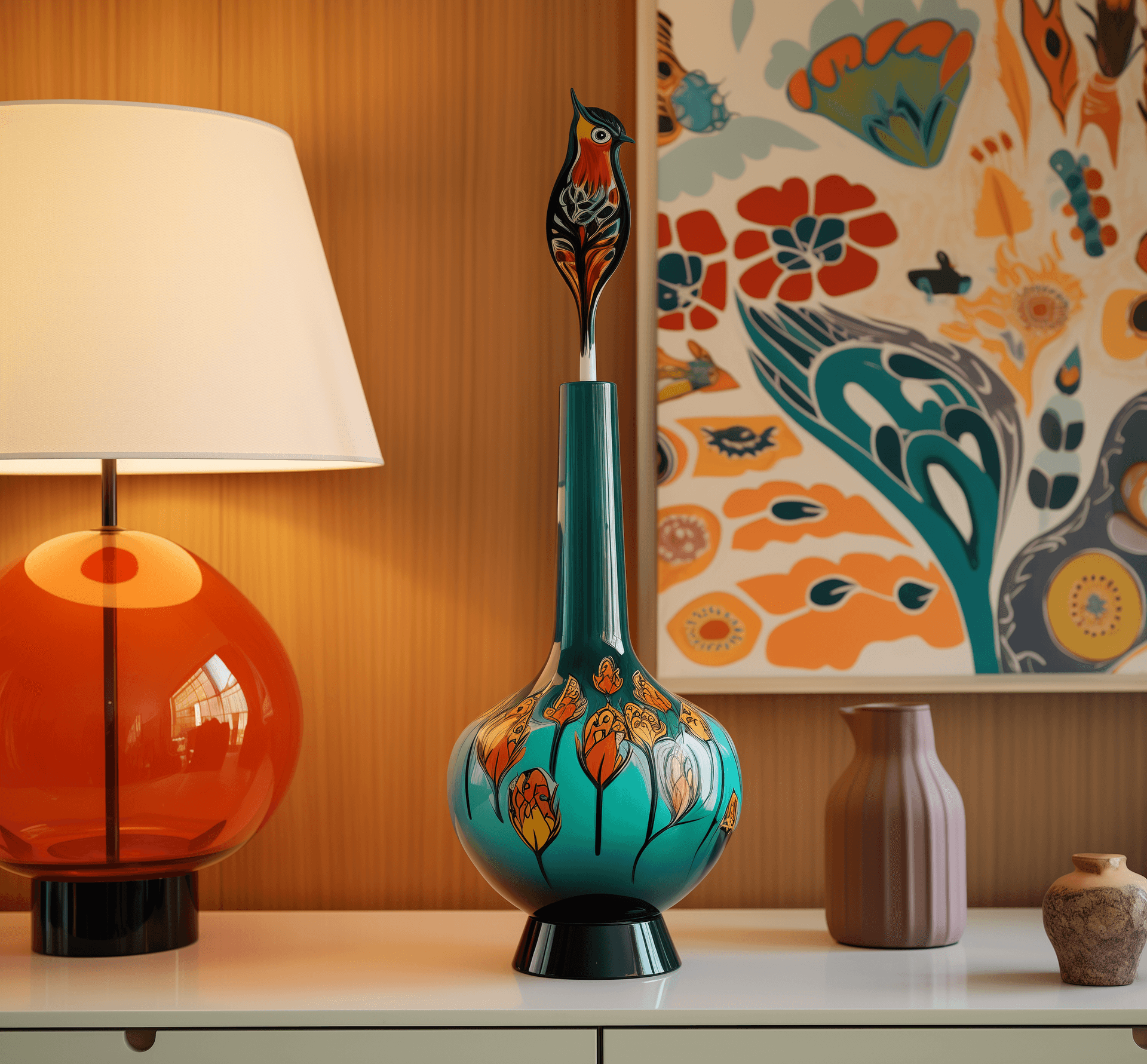 AI generated: a glass lamp in a bedroom, in the style of whimsical ceramics, charley harper, vibrant still lifes, ...