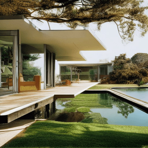 AI generated: Hyper realistic eye level exterior photo of a mid century modern style house overlooking the ocean, ...