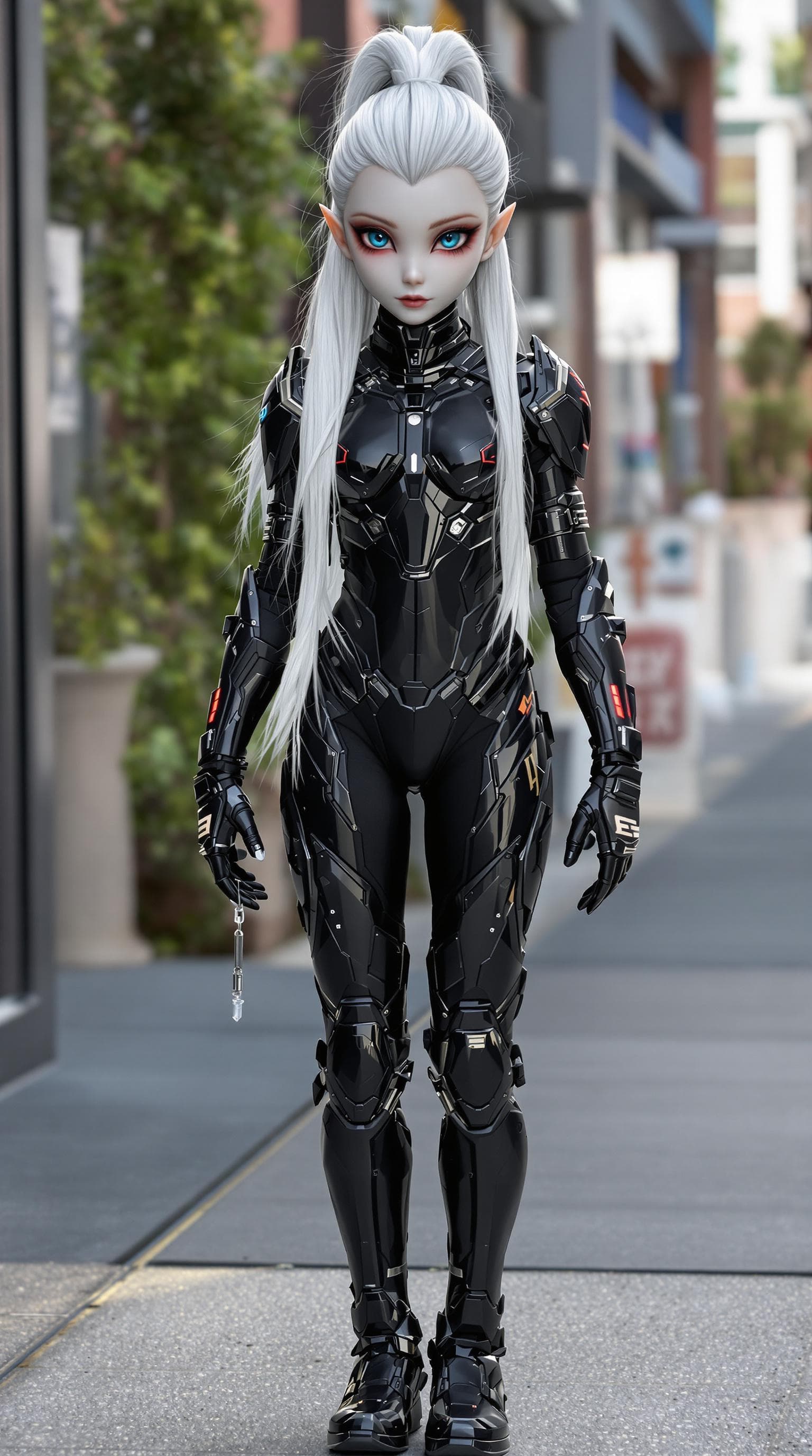 AI generated: a professional photo of a exceptionally of the most beautiful grey skinned alien elf girl (age 9) in...