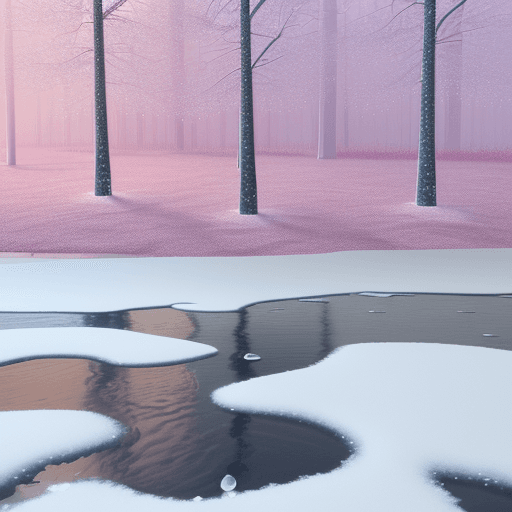 AI generated: The water drops reflect a pink flower, a green leaf, a autumn leaf, and white snow, in a winter fore...