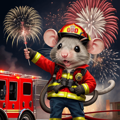 AI generated: cute rat in a fire rescue jacket with fireworks next to a fire engine.
