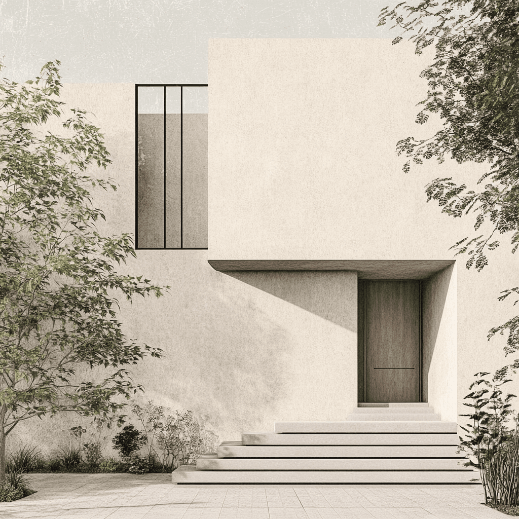 AI generated: Facade, architecture, japandi, minimalist, neutral colors, vegetation, illustrated style --v 6.1