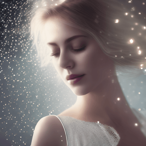 AI generated: studio lighting, bokeh, light fog around, blond woman floating in the air, messy short hair, hands i...