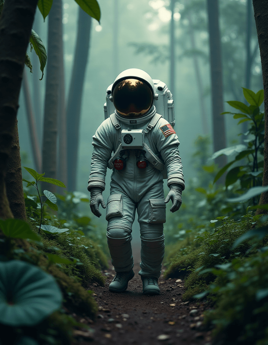 AI generated: Astronaut in a jungle, cold color palette, muted colors, very detailed, sharp focus