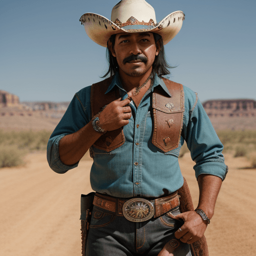 AI generated: a friendly looking mexican cowboy, knifes on his belt, wild west style, 8k