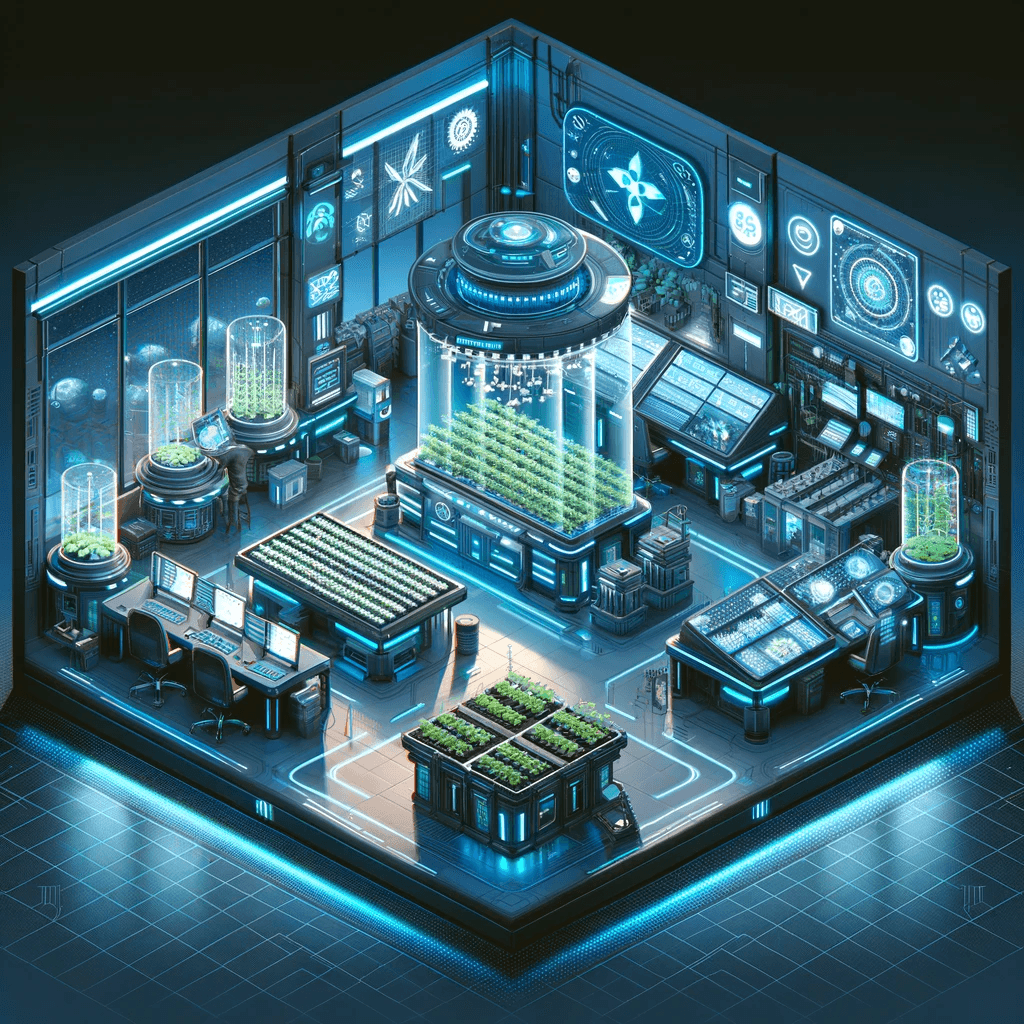 AI generated: An isometric, realistic depiction of a futuristic, cyberpunk-style smart farming computer office ded...