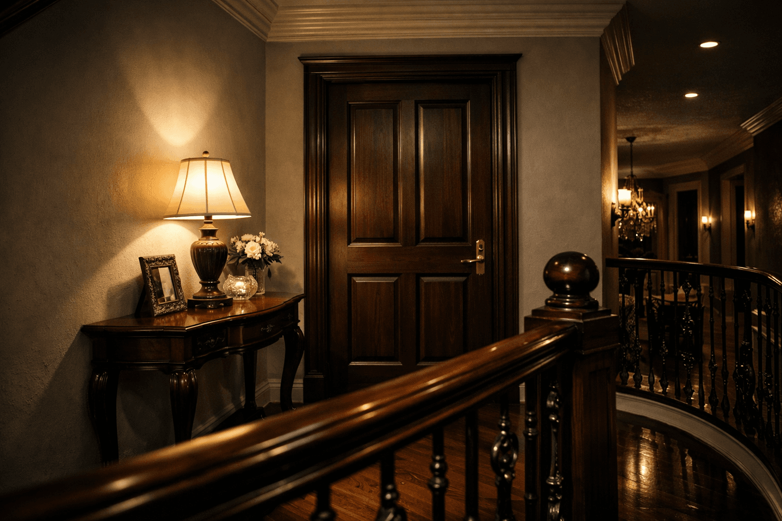 AI generated: At night at a beautiful and luxurious house, on the second floor.

The view is the outside of a bedr...