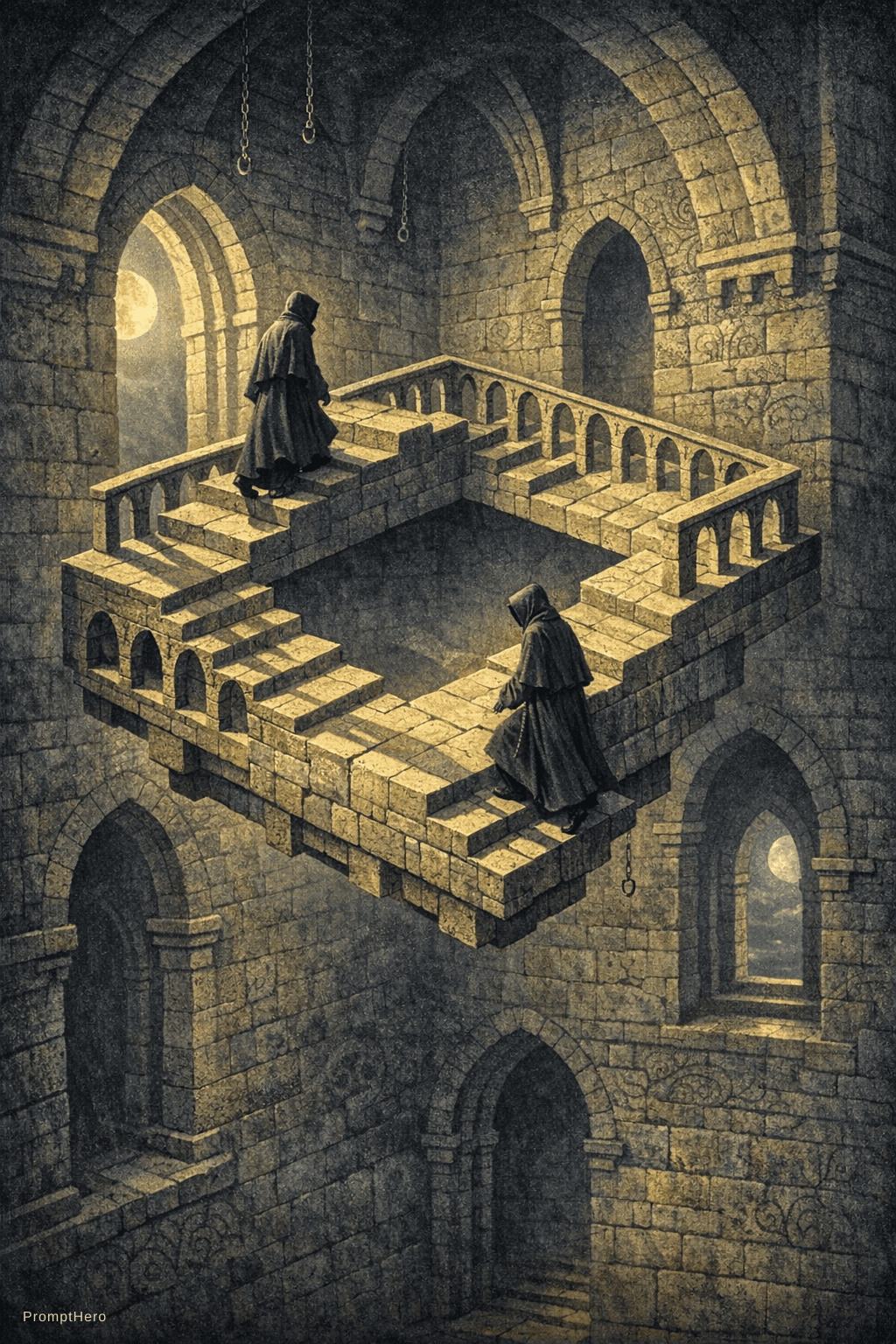 AI generated: Escher-style optical illusion, Penrose stairs floating in an empty medieval tower, hooded figure wal...