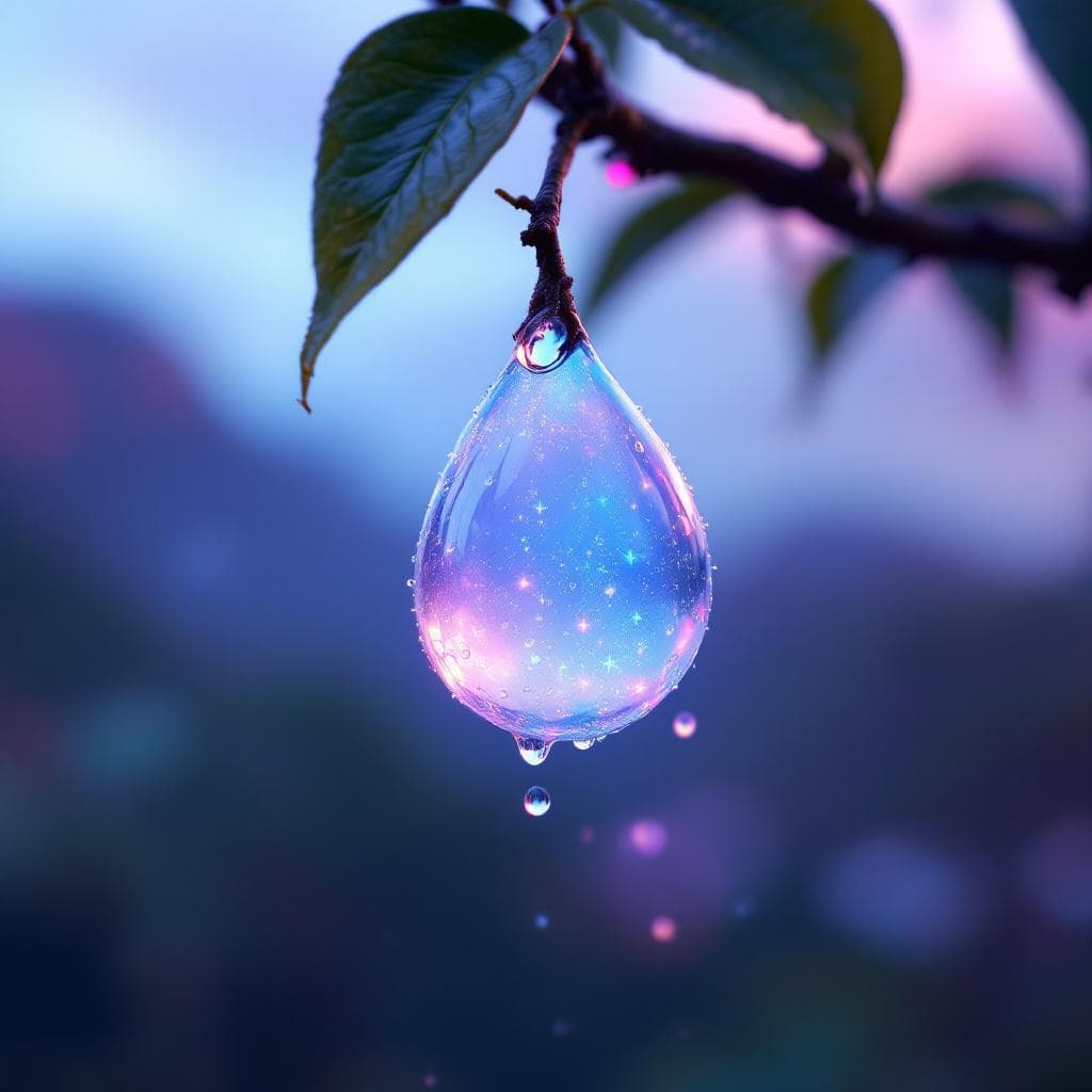 AI generated: A delicate opal water drop hanging from a mango tree branch  in the early morning light, decorated w...