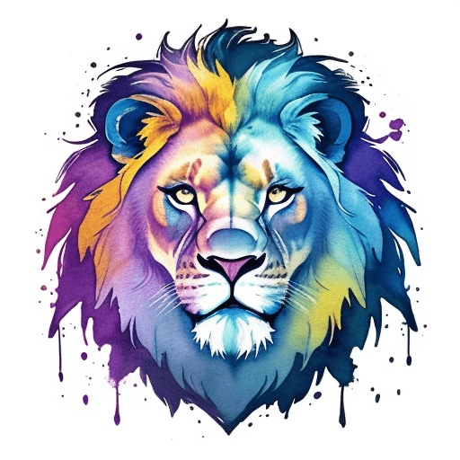 AI generated: high quality, logo style, Watercolor, powerful colorful lion face logo facing forward, monochrome ba...