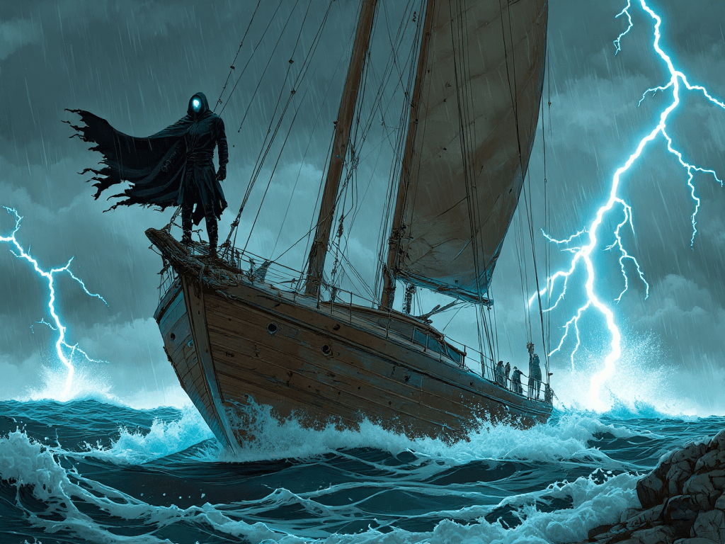 AI generated: Dark fantasy scene, a weathered sailboat is shown in full profile, cutting through a ferocious storm...