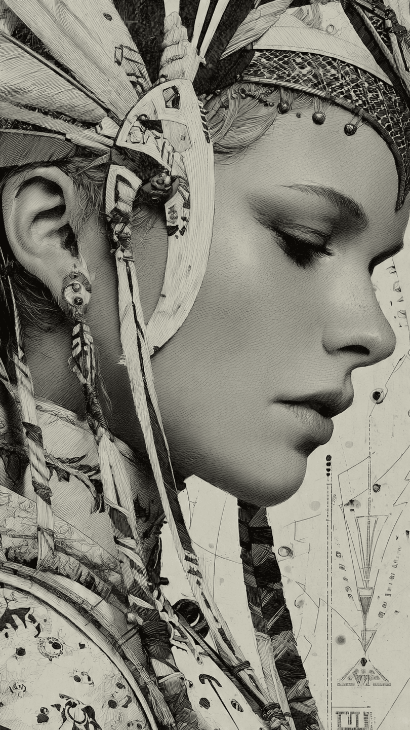 AI generated: Profile portrait,female,native american creative wear,digital signs