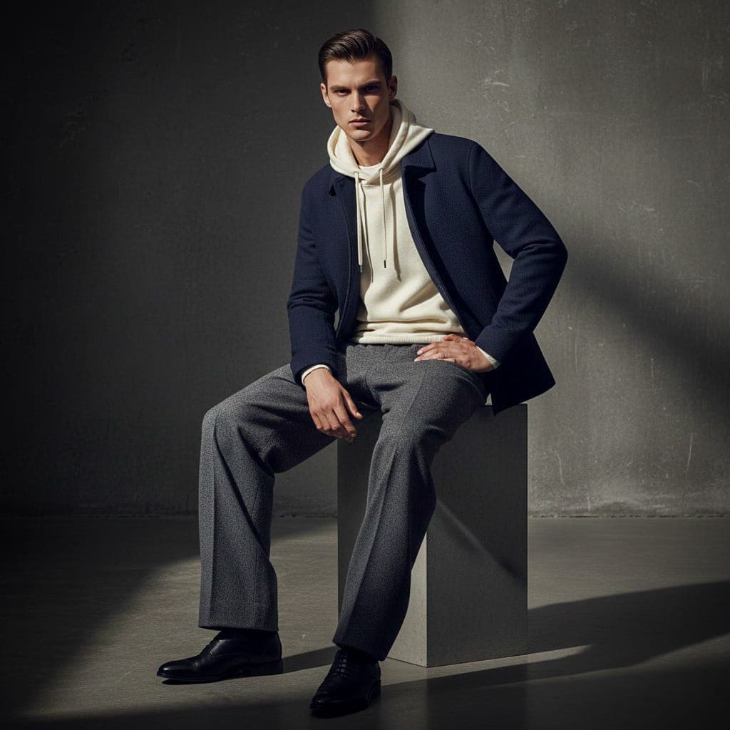 AI generated: Create a high-end fashion image of a male model wearing relaxed luxury streetwear with wide-leg trou...