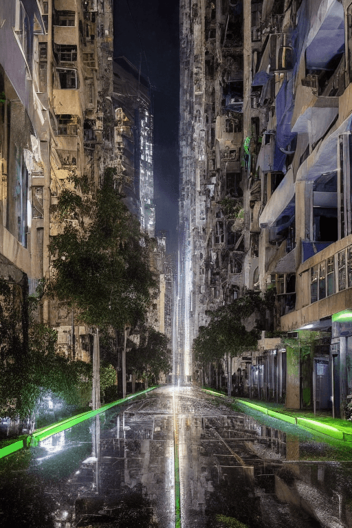 AI generated: In the image, you can see a futuristic city with dark skyscrapers and narrow neon-lit streets. The r...